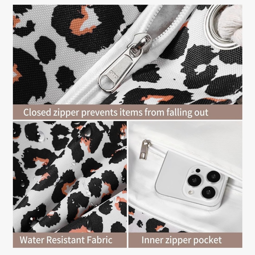 🆕 Leopard Print Rope-Handle Tote Bag - Cream/Black - Picture 5 of 7